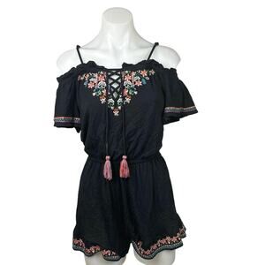 American Eagle Black Floral Print Embroidered Boho Cold Shoulder Ruffle Romper